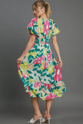 Umgee Full Size Tiered Floral Print Notched Puff Sleeve Midi Dress Plus Size OutfitFlow